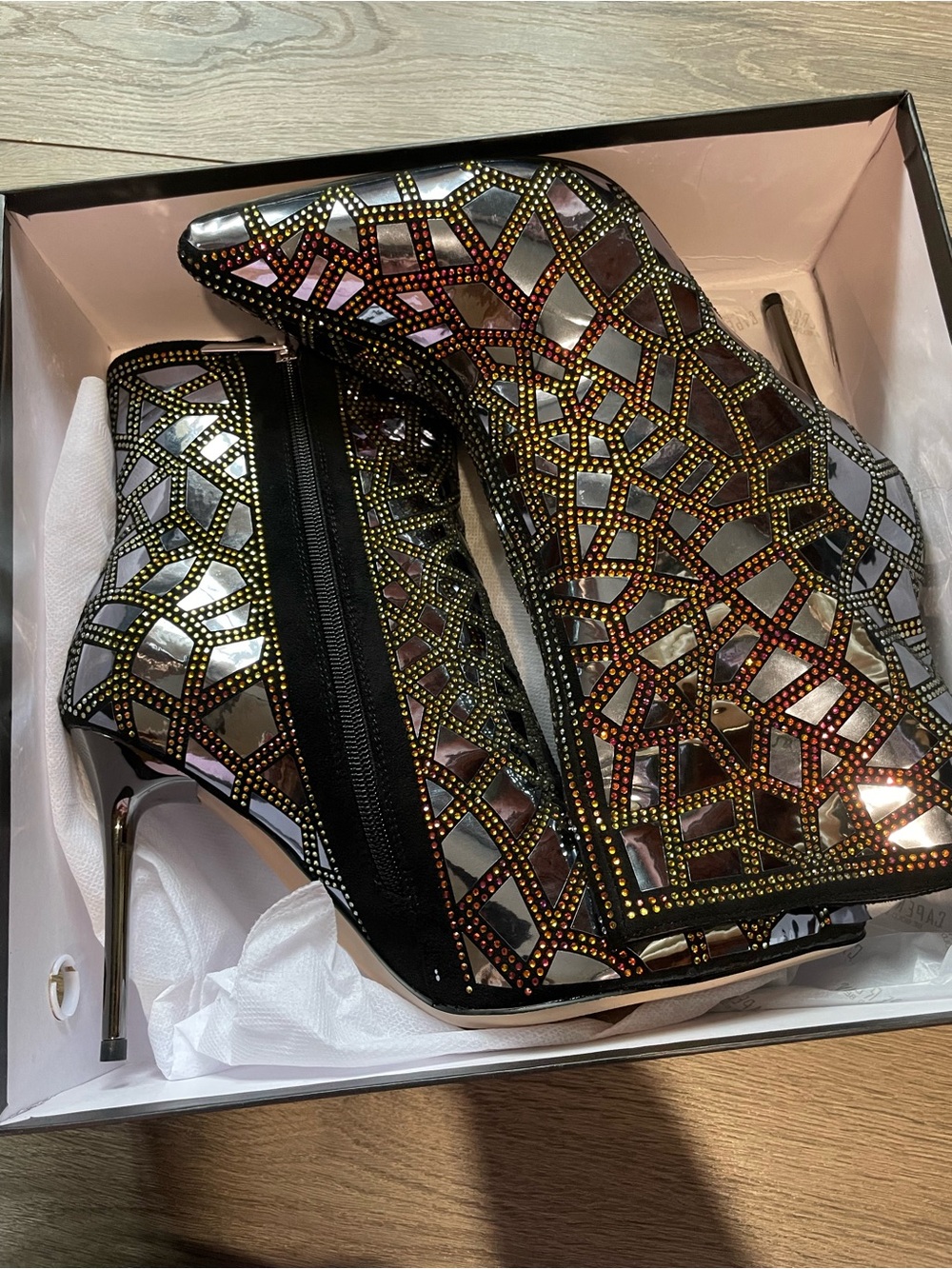 Cape Robbin Metallic Mirror Mosaic Stiletto Ankle Boots - Silver